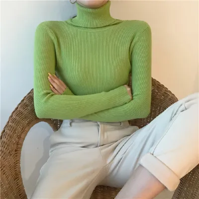 Autumn Winter Women Casual Solid Color Turtleneck Long Sleeve Knitted Sweater Slim Fit