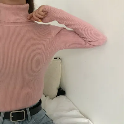 Autumn Winter Women Casual Solid Color Turtleneck Long Sleeve Knitted Sweater Slim Fit