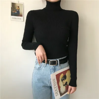 Autumn Winter Women Casual Solid Color Turtleneck Long Sleeve Knitted Sweater Slim Fit