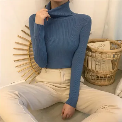 Autumn Winter Women Casual Solid Color Turtleneck Long Sleeve Knitted Sweater Slim Fit