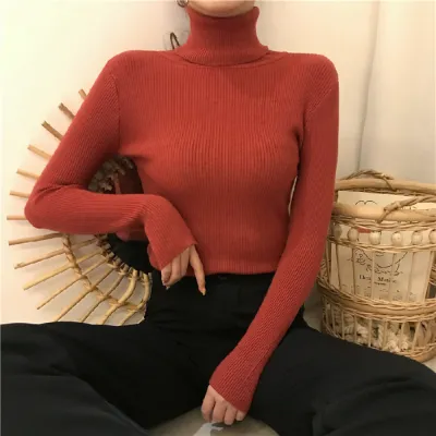 Autumn Winter Women Casual Solid Color Turtleneck Long Sleeve Knitted Sweater Slim Fit