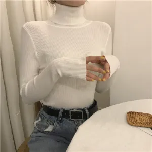 Autumn Winter Women Casual Solid Color Turtleneck Long Sleeve Knitted Sweater Slim Fit