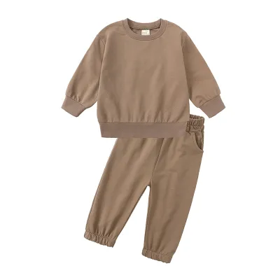 Kids Toddler Boys Girls Casual Cute Solid Color Long Sleeve Fleece Sweatshirts Trousers Set