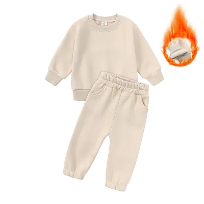Kids Toddler Boys Girls Casual Cute Solid Color Long Sleeve Fleece Sweatshirts Trousers Set