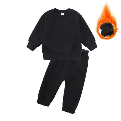 Kids Toddler Boys Girls Casual Cute Solid Color Long Sleeve Fleece Sweatshirts Trousers Set