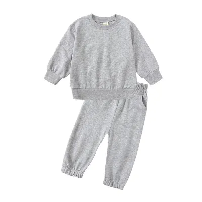 Kids Toddler Boys Girls Casual Cute Solid Color Long Sleeve Fleece Sweatshirts Trousers Set