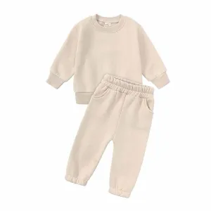 Kids Toddler Boys Girls Casual Cute Solid Color Long Sleeve Fleece Sweatshirts Trousers Set