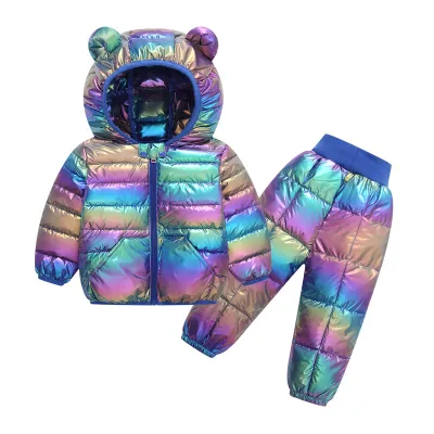Kids Toddler Boys Girls Fall Winter Casual Cute Gradient Color Long Sleeve Hooded Down Coat Trousers Set