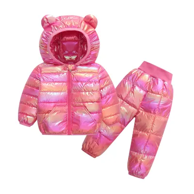 Kids Toddler Boys Girls Fall Winter Casual Cute Gradient Color Long Sleeve Hooded Down Coat Trousers Set