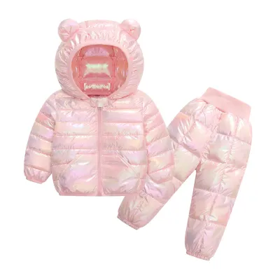 Kids Toddler Boys Girls Fall Winter Casual Cute Gradient Color Long Sleeve Hooded Down Coat Trousers Set