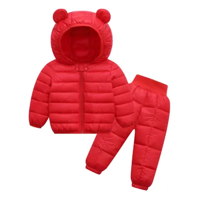 Kids Toddler Boys Girls Fall Winter Casual Cute Solid Color Long Sleeve Hooded Down Coat Trousers Set