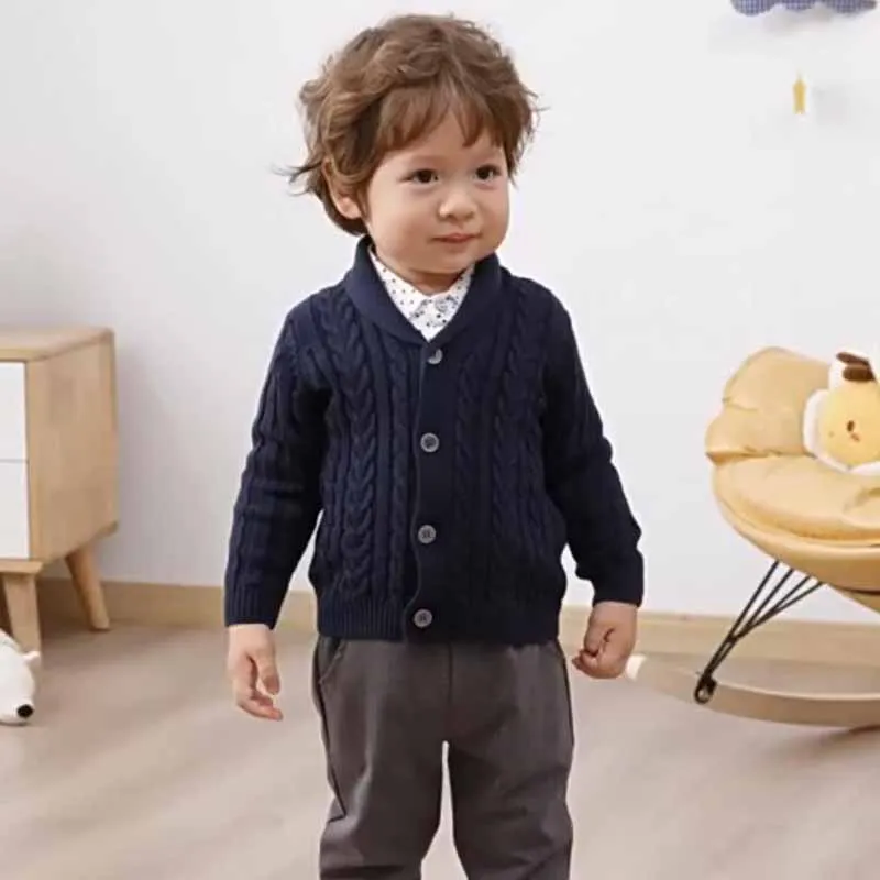 Kids Baby Boys Fall Winter Casual Cute Solid Color Rib-Knit Long Sleeve Lapel Cardigan Knitted