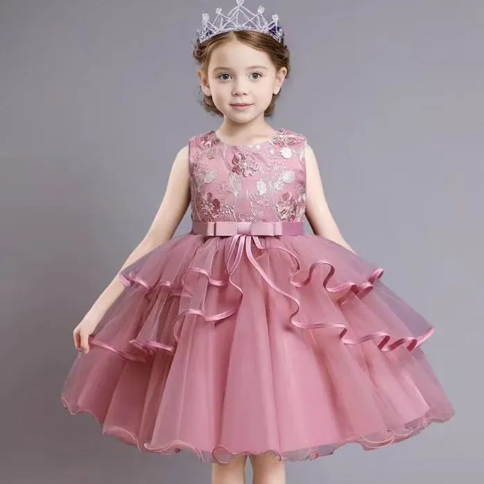Kids Toddler Girls Cute Party Embroidery Flower Mesh Sleeveless Tutu Princess Dress