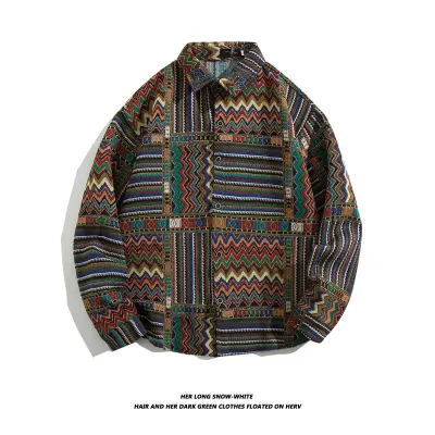 Men Fashion Casual Paisley Print Long Sleeve Lapel Shirt