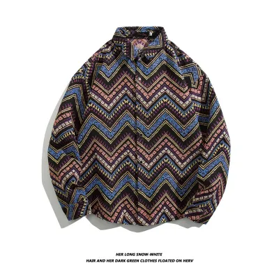 Men Fashion Casual Paisley Print Long Sleeve Lapel Shirt