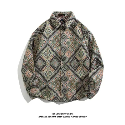 Men Fashion Casual Paisley Print Long Sleeve Lapel Shirt