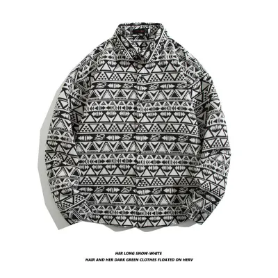 Men Fashion Casual Paisley Print Long Sleeve Lapel Shirt