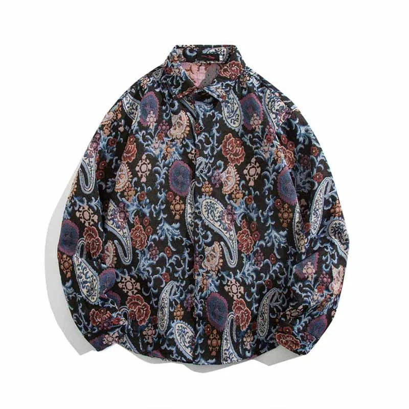 Men Fashion Casual Paisley Print Long Sleeve Lapel Shirt