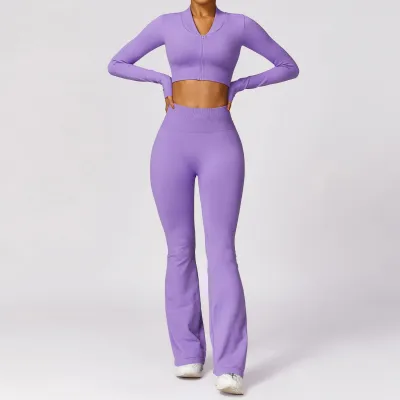 Women Casual Sports Fitness Long Sleeve Top High Waist Yoga Pants Two-Piece Set