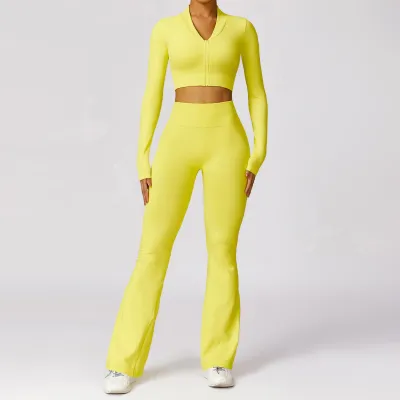 Women Casual Sports Fitness Long Sleeve Top High Waist Yoga Pants Two-Piece Set