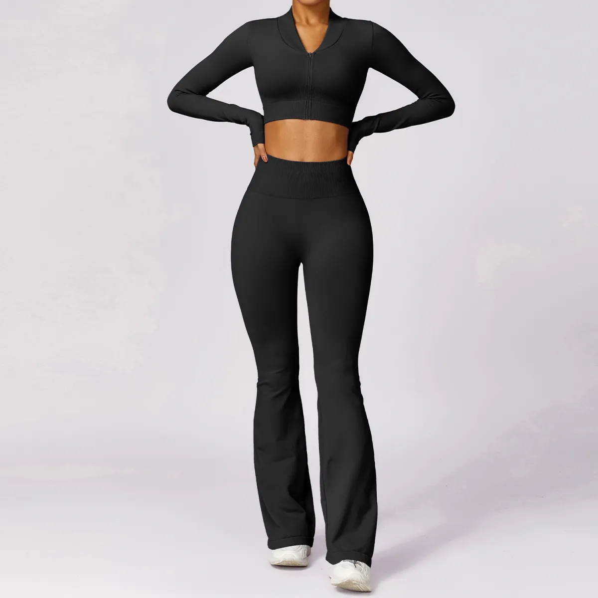 Women Casual Sports Fitness Long Sleeve Top High Waist Yoga Pants Two-Piece Set