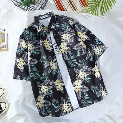 Men Fashion Casual Holiday Tiny Flower Print Short Sleeve Lapel Shirt