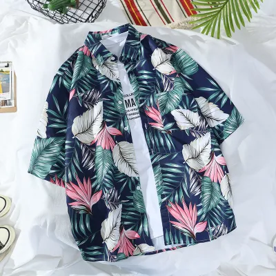Men Fashion Casual Holiday Tiny Flower Print Short Sleeve Lapel Shirt