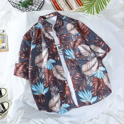 Men Fashion Casual Holiday Tiny Flower Print Short Sleeve Lapel Shirt