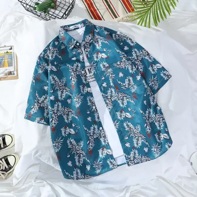Men Fashion Casual Holiday Tiny Flower Print Short Sleeve Lapel Shirt