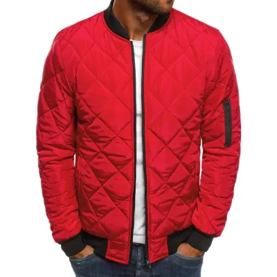 Men Fashion Simple Solid Color Rhombic Quilted Long Sleeve Cotton-Padded Baseball Jacket