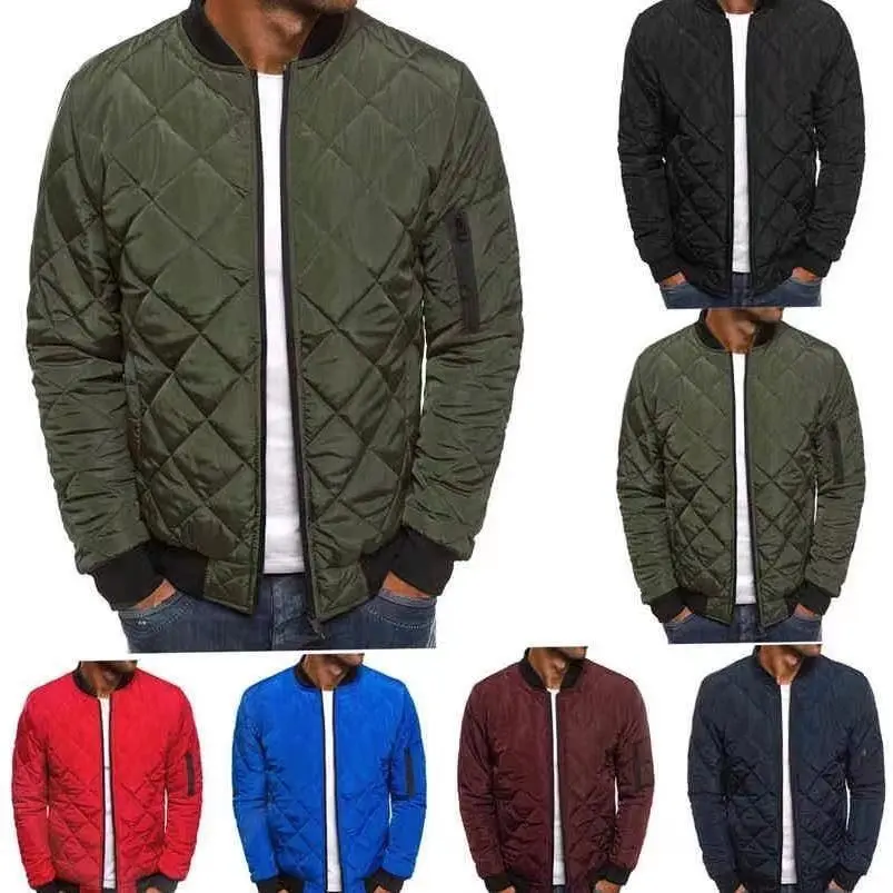 Men Fashion Simple Solid Color Rhombic Quilted Long Sleeve Cotton-Padded Baseball Jacket
