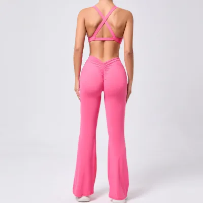 Women Sexy Deep V Cross Backless Yoga Fitness Top Hip Pants Two-Piece Set