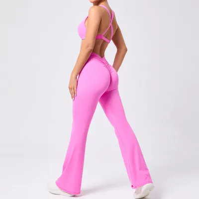 Women Sexy Deep V Cross Backless Yoga Fitness Top Hip Pants Two-Piece Set