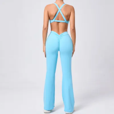 Women Sexy Deep V Cross Backless Yoga Fitness Top Hip Pants Two-Piece Set