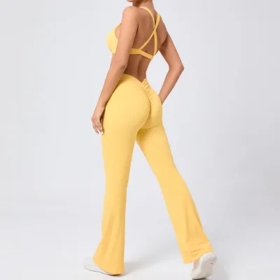 Women Sexy Deep V Cross Backless Yoga Fitness Top Hip Pants Two-Piece Set
