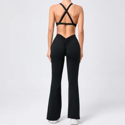 Women Sexy Deep V Cross Backless Yoga Fitness Top Hip Pants Two-Piece Set