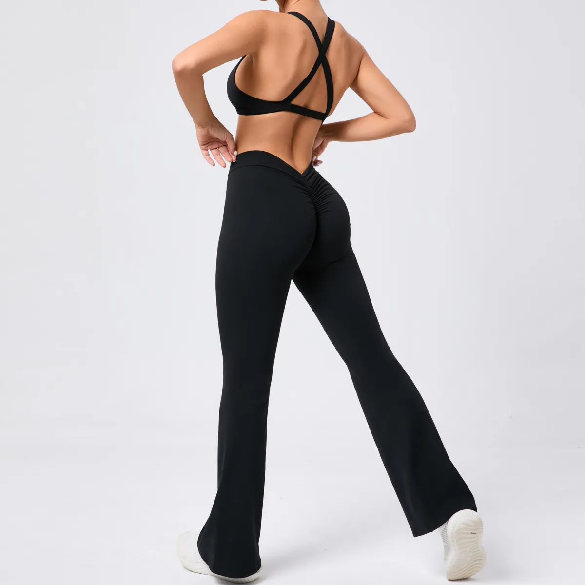 Women Sexy Deep V Cross Backless Yoga Fitness Top Hip Pants Two-Piece Set