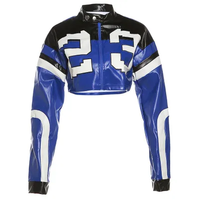 Women Slim Fit PU Leather Jacket with 3D Digital Print and Zipper Closure