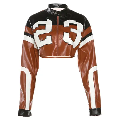 Women Slim Fit PU Leather Jacket with 3D Digital Print and Zipper Closure