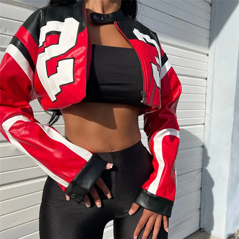 Women Slim Fit PU Leather Jacket with 3D Digital Print and Zipper Closure