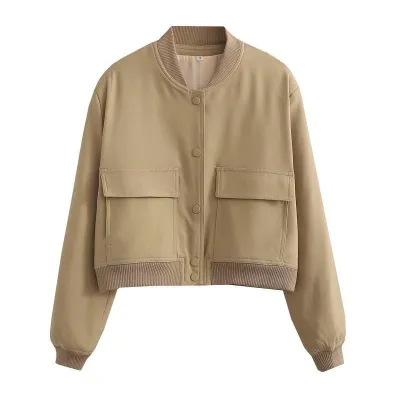 Women's Cotton Baseball Jacket with Large Pockets, Street Hipster Style, Solid Color, Long Sleeve, Loose Fit