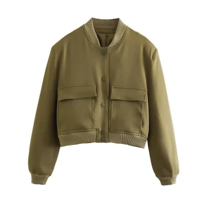 Women's Cotton Baseball Jacket with Large Pockets, Street Hipster Style, Solid Color, Long Sleeve, Loose Fit