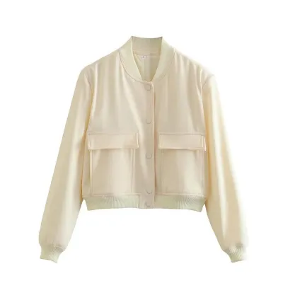 Women's Cotton Baseball Jacket with Large Pockets, Street Hipster Style, Solid Color, Long Sleeve, Loose Fit