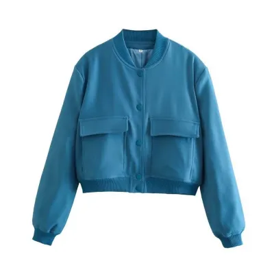 Women's Cotton Baseball Jacket with Large Pockets, Street Hipster Style, Solid Color, Long Sleeve, Loose Fit