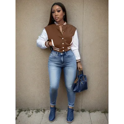 Women's Single-Breasted Baseball Jacket Long Sleeve Commuter Wind Slim Fit