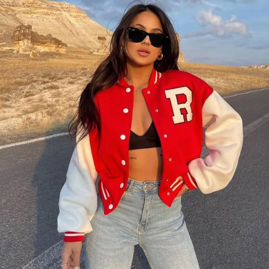 Women Casual Letter Print Long Sleeve Thickened Baseball Jacket