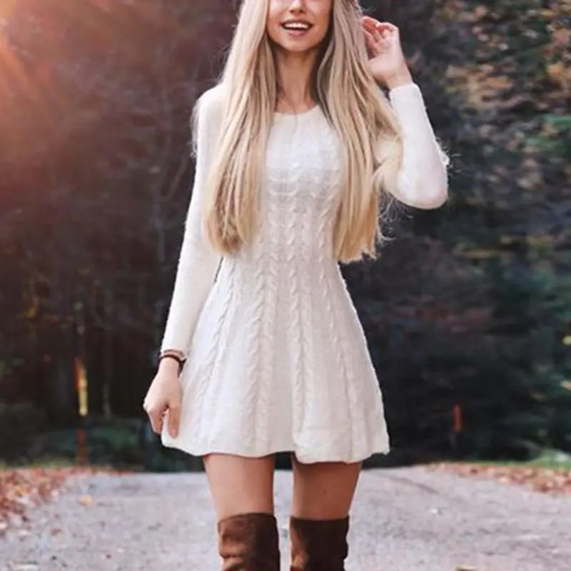 Autumn Winter Women Fashion Loose Round Neck Long Sleeve Knitted Pullover Dress