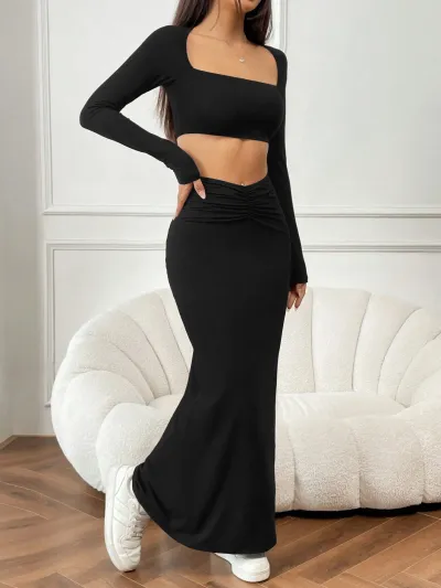 Women Solid Color Square Collar Long Sleeve Crop Top Fishtail Skirt Two-Piece Set