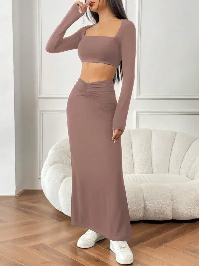 Women Solid Color Square Collar Long Sleeve Crop Top Fishtail Skirt Two-Piece Set