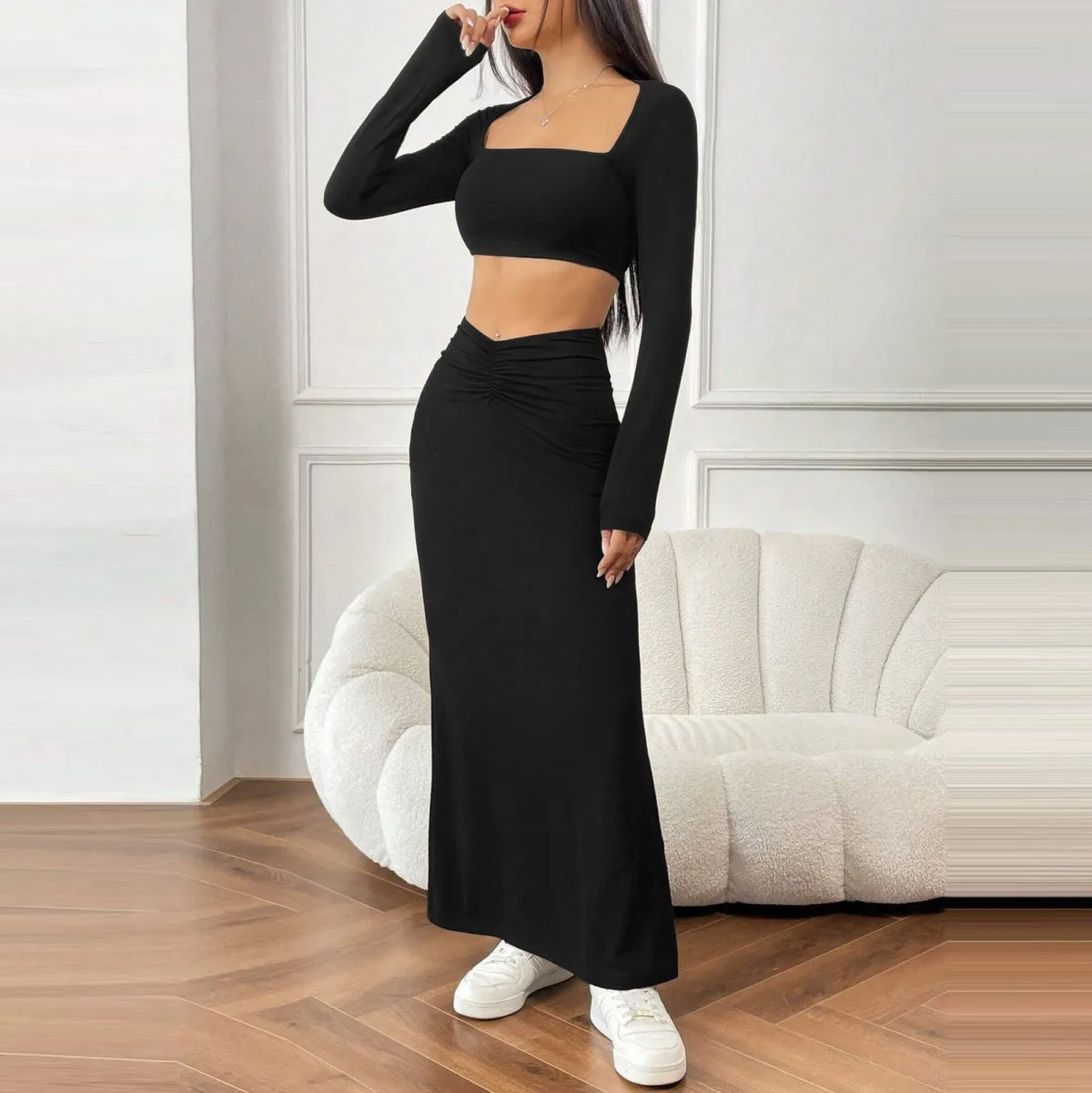 Women Solid Color Square Collar Long Sleeve Crop Top Fishtail Skirt Two-Piece Set